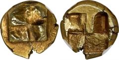 Ancient Coins IONIA. Uncertain Mint. EL Hekte (2.36 gms), ca. 625-600 B.C. NGC AU, Strike: 4/5 Surface: 5/5. SNG Kayhan-Unlisted; SNG von Aulock-1777. Obverse: Raised clockwise swastika pattern; Rever