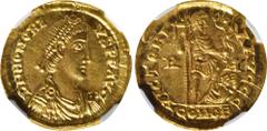 Ancient Coins HONORIUS, A.D. 393-423. AV Solidus (4.48 gms), Rome Mint, A.D. 404-416. NGC MS, Strike: 5/5 Surface: 3/5. RIC-1252; Depeyrot-34/2. Obverse: D N HONORIVS P F AVG, pearl-diademed, draped, 