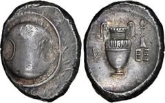 Salton Collection: Ancient Coins BOEOTIA. Thebes. AR Stater (12.21 gms), Klees-, magistrate, ca. 379-368 B.C. NGC Ch AU, Strike: 4/5 Surface: 4/5. HGC-4, 1331; BCD Boiotia-504. Obverse: Boeotian shiel