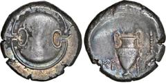 Salton Collection: Ancient Coins BOEOTIA. Thebes. AR Stater (12.25 gms), Klees-, magistrate, ca. 379-368 B.C. NGC AU, Strike: 4/5 Surface: 3/5. HGC-4, 1331; BCD Boiotia-504. Obverse: Boeotian shield; 