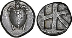 Salton Collection: Ancient Coins AEGINA. AR Stater (12.10 gms), ca. 470/65-445/40 B.C. NGC Ch EF★, Strike: 5/5 Surface: 3/5. Light Scratches. HGC-6, 435; BMC-85-94. Obverse: Sea turtle, with head in p