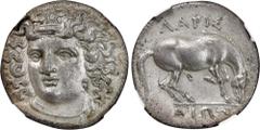 Ancient Coins THESSALY. Larissa. AR Drachm (5.90 gms), ca. 356-342 B.C. NGC Ch AU, Strike: 5/5 Surface: 2/5. Fine Style. Graffito. HGC-4, 454; BCD Thessaly-II, 315-6. Obverse: Head of the nymph Lariss