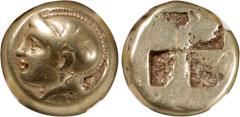 Ancient Coins IONIA. Phokaia. EL Hekte (2.52 gms), ca. 478-387 B.C. NGC F, Strike: 5/5 Surface: 3/5. Scuff. Bodenstedt-91. Obverse: Head of Athena left; Reverse: Quadripartite incuse square. Despite o