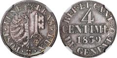 World Coins: Straits Settlements to Trinidad SWITZERLAND. Geneva. 4 Centimes, 1839. NGC MS-63. KM-127; HMZ 2-368. A presentation type, struck in Billon. A crisply struck and lustrous coin, with pleasi