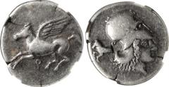 CORINTHIA. Corinth. AR Stater (8.37 gms), ca. 405-345 B.C. NGC Ch F, Strike: 5/5 Surface: 3/5. HGC-4, 1833; Pegasi-143; BCD Corinth-55. Obverse: Pegasos flying left; Reverse: Helmeted head of Athena r