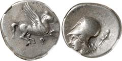 CORINTHIA. Corinth. AR Stater (8.45 gms), ca. 405-345 B.C. NGC VF, Strike: 4/5 Surface: 3/5. Brushed. Pegasi-187; BCD Corinth-Unlisted. Obverse: Pegasos flying right; Reverse: Helmeted head of Athena 