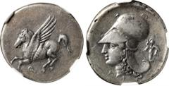 CORINTHIA. Corinth. AR Stater (8.57 gms), ca. 345-307 B.C. NGC Ch EF, Strike: 5/5 Surface: 3/5. HGC-4, 1848; Pegasi-432; BCD Corinth-Unlisted. Obverse: Pegasos flying left; Reverse: Helmeted head of A