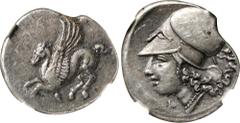 CORINTHIA. Corinth. AR Stater (8.69 gms), ca. 345-307 B.C. NGC EF, Strike: 4/5 Surface: 3/5. HGC-4, 1848; Pegasi-457; BCD Corinth-133. Obverse: Pegasos flying left; Reverse: Helmeted head of Athena le