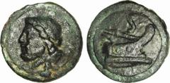 ANCIENT COINAGE-ROMAN REPUBLIC ROMAN REPUBLIC. AE Aes Grave Semis (121.01 gms), ca. 225-217 B.C. Cr-35/2; Tv-52; Syd-Series I, Pl.3#2; Hae-Pl.16. Laureate head of Saturn left./Prow of ship right. Dark