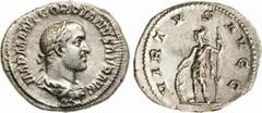 ANCIENT COINAGE-ROMAN EMPIRE GORDIAN II AFRICANUS, 238. AR Denarius (3.13 gms, Rome Mint). RIC-3; RSC-14; S-8467. Laureate, draped cuirassed bust right./Virtus standing left with spear and shield. Lig