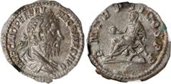 MACRINUS, A.D. 217-218. AR Denarius (2.49 gms), Rome Mint. NGC AU, Strike: 5/5 Surface: 5/5. RIC-27; RSC-51. Obverse: Laureate, draped, and cuirassed bust right; Reverse: Macrinus seated left on curul