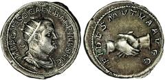 ANCIENT COINAGE-ROMAN EMPIRE BALBINUS, 238. AR Antoninianus (4.93 gms, Rome Mint). RIC-11. Radiate, draped, cuirassed bust right./Clasped hands. Toned VERY FINE+.Estimate $300-$500