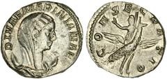 ANCIENT COINAGE-ROMAN EMPIRE MARINIANA (WIFE OF VALERIAN I). AR Antoninianus (3.92 gms, Struck 253-254). RIC-6; RSC-16. Veiled, draped bust of Mariniana right./Mariniana flying upwards seated on peaco