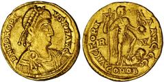 ANCIENT COINAGE-ROMAN EMPIRE HONORIUS, 393-423. AV Solidus (4.38 gms, Ravenna Mint). RIC-1287; Ranieri-11AU. Pearl-diademed, draped bust right, legend around./Honorius standing right, treading on capt