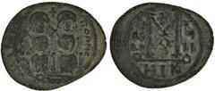 ANCIENT COINAGE-BYZANTINE ARAB BYZANTINE. Baisian (Scythopolis). AE Follis (12.49 gms, Year 7). Goodwin-32; Walker-1956, 1 ff. In imitation of Byzantine follis of Justin and Sophia type. Green patina,