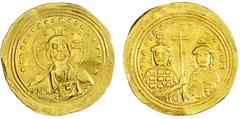 ANCIENT COINAGE-BYZANTINE BASIL II, 976-1026. AV Histamenon Nomisma (4.34 gms). S-1800. Nimbate bust of Christ./Facing bust of Basil and Constantine. Bent and straightened, small scratch and edge file