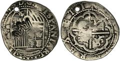 WORLD CROWNS & MINORS-GUATEMALA GUATEMALA. 2 Reales, ND (1663). Philip IV (1621-65). KM-B1.1. Type II countermark on a Philip II Lima 2 Reales Assayer Do. Holed. Host Coin FINE; Countermark VERY FINE.