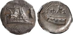Ancient Coins LYCIA. Phaselis. AR Stater (10.29 gms), ca. 4th Century B.C. NGC MS, Strike: 4/5 Surface: 4/5. Heipp-Tamer Series 6, unlisted variety. Obverse: Prow of galley right, fighting platform de
