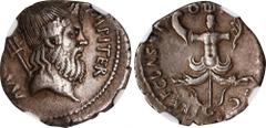 Ancient Coins SEXTUS POMPEY. AR Denarius (3.56 gms), Uncertain Mint in Sicily, 37/6 B.C. NGC Ch VF, Strike: 4/5 Surface: 4/5. Cr-511/2b; CRI-333; Syd-1347. Obverse: Diademed and bearded head of Neptun