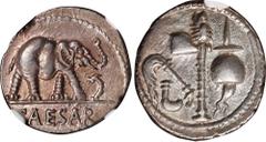 Ancient Coins JULIUS CAESAR. AR Denarius (3.91 gms), Military Mint Traveling with Caesar, 49 B.C. NGC Ch EF, Strike: 5/5 Surface: 4/5. Cr-443/1; CRI-9; Syd-1006; RSC-49. Obverse: Elephant advancing ri