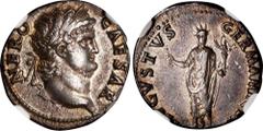 Ancient Coins NERO, A.D. 54-68. AR Denarius (2.82 gms), Rome Mint, ca. A.D. 64-65. NGC AU, Strike: 4/5 Surface: 3/5. RIC-47; RSC-45. Obverse: Laureate head right; Reverse: Nero standing facing, radiat