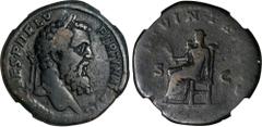 Ancient Coins PERTINAX, A.D. 193. AE Sestertius (24.59 gms), Rome Mint. NGC FINE, Strike: 4/5 Surface: 4/5. RIC-20. Obverse: Laureate head right; Reverse: Ops, holding grain ears, seated left on thron