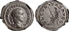 Ancient Coins GORDIAN I, A.D. 238. AR Denarius (2.92 gms), Rome Mint. NGC Ch EF, Strike: 5/5 Surface: 4/5. RIC-5; RSC-10. Obverse: Laureate, draped, and cuirassed bust right; Reverse: Securitas seated