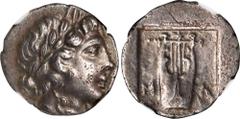 Ancient Coins LYCIA. Lycian League. Masikytes. AR Hemidrachm, ca. 48-42 B.C. NGC EF. Scratch. RPC-3301. Obverse: Laureate head of Apollo right; Reverse: M - A; Lyre; star above; all within incuse squa