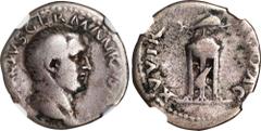 Ancient Coins VITELLIUS, A.D. 69. AR Denarius, Rome Mint, ca. April-December A.D. 69. NGC F. RIC-70. Bare head of Vitellius right; Reverse: Dolphin on tripod, raven below.