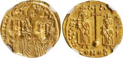 Ancient Coins CONSTANS II, 641-668. AV Solidus (4.36 gms), Constantinople Mint, 7th Officina, 664-667. NGC MS, Strike: 5/5 Surface: 3/5. Clipped, Brushed. S-962. Obverse: facing busts of Constans II a