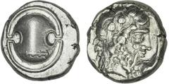 ANCIENT COINAGE-GREEK BOEOTIA. Thebes. AR Stater (12.32 gms), ca. 425-395 B.C. BCD-436. Boeotian shield, club across upper half./Bearded head of Dionysos right, head wreathed in ivy leaves. Reverse di