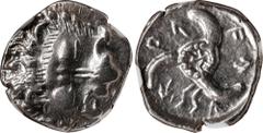LYCIA. Dynasts of Lycia. Vekhssere II, ca. 410/00-390/80 B.C. AR 1/3 Stater, Uncertain Mint. NGC Ch EF. Mueseler-Unlisted; Podalia-8-10. Obverse: Facing lion scalp; Reverse: Triskeles, with uncertain 