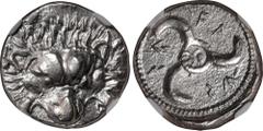 LYCIA. Dynasts of Lycia. Vekhssere II, ca. 410/00-390/80 B.C. AR 1/3 Stater, Uncertain Mint. NGC Ch EF. Mueseler-Unlisted; Podalia-8-10. Obverse: Lion scalp facing; Reverse: Triskeles, monogram (?) in