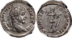 CARACALLA, A.D. 198-217. AR Denarius, Rome Mint, A.D. 207. NGC AU. RIC-95; RSC-440. Obverse: Laureate bust of Caracalla right; Reverse: emperor standing right, foot on helmet or globe, holding spear a