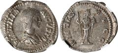 PLAUTILLA (WIFE OF CARACALLA). AR Denarius (3.33 gms), Rome Mint, A.D. 202-203. NGC Ch EF, Strike: 5/5 Surface: 4/5. RIC-367 (Caracalla); RSC-16. Obverse: Draped bust right; Reverse: Pietas standing r