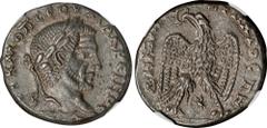 MACRINUS, A.D. 217-218. Syria, Laodicea ad Mare. BI Tetradrachm. NGC AU. Prieur-1182. Obverse: Laureate, draped, and cuirassed bust of Macrinus right; Reverse: Eagle standing facing, head and tail lef