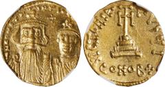 CONSTANS II with CONSTANTINE IV, 641-668. AV Solidus (4.54 gms), Constantinople Mint, 10th Officina, 654-659. NGC Ch AU, Strike: 4/5 Surface: 4/5. S-961. Obverse: Crowned and draped facing busts of Co