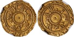 ISLAMIC KINGDOMS. Fatimid Caliphate. 1/4 Dinar, ND (AH 365-86 [975-96]). Uncertain Mint (Likely Siqilliya). al-'Aziz Nizar. NGC AU-55. Wilkes-827; A-704. Weight: 0.94 gms. A RARE gold minor, this spec