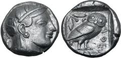 Greek Attica, Athens AR Tetradrachm. Circa 460-454 BC. Late "transitional" issue. Head of Athena to right, wearing crested Attic helmet ornamented with three olive leaves above visor and spiral palmet