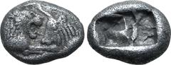Greek Kingdom of Lydia, Kroisos AR 1/6 Stater. Sardes, circa 561-546 BC. Confronted foreparts of lion to right and bull to left / Two incuse square punches of unequal size. GRPC Lydia S6; Rosen 667; S