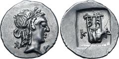 Greek Lykian League, Kragos AR Hemidrachm. 44-18 BC. Laureate head of Apollo to right; Λ behind, Y before / Kithara; K-P across fields; all within shallow incuse square. Troxell, Lycia, Period IV, 84;