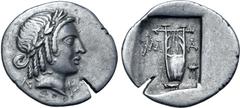 Greek Lykian League, Masikytes AR Hemidrachm. Circa 28-18 BC. Laureate head of Apollo to right; Λ behind, Y before / Kithara; M-A across fields, tripod in lower right field; all within shallow incuse 