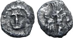 Greek Cilicia, uncertain mint AR Obol. 4th century BC. Female head (Arethousa?) facing slightly to left / Facing head of Bes. SNG BnF 486; SNG Levante 233; SNG BnF 486; Göktürk 44. 0.40g, 8mm, 7h. Nea