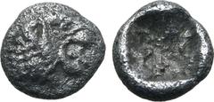 Greek Persia, Achaemenid Empire AR 1/48 Stater. Time of Kyros - Darios I, in the types of Kroisos. Sardes, circa 550-520 BC. Head of roaring lion to right / Irregular incuse punch. GRPC Lydia S13 = Na