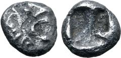 Greek Persia, Achaemenid Empire AR 1/48 Stater. Time of Kyros - Darios I, in the types of Kroisos. Sardes, circa 550-520 BC. Head of roaring lion to right / Irregular incuse punch. GRPC Lydia S13 = Na