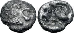 Greek Persia, Achaemenid Empire AR 1/48 Stater. Time of Kyros - Darios I, in the types of Kroisos. Sardes, circa 550-520 BC. Head of roaring lion to right / Irregular incuse punch. GRPC Lydia S13 = Na