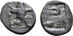 Greek Persia, Achaemenid Empire Æ 13mm. Time of Artaxerxes III to Darios III. Uncertain mint (Ephesos?), circa 350-333 BC. Persian king or hero in kneeling-running stance to right, holding spear and d