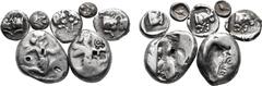 Greek Lot of 7 Greek AR Coins. 1. Persia, Achaemenid Empire AR Siglos. Time of Darios II. Sardes, circa 425-405 BC. Persian king or hero, wearing kidaris and kandys and with quiver over shoulder, in k