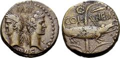 Roman Provincial Augustus and Agrippa Æ As of Nemausus, Gaul. Circa 10 BC - AD 10. Back to back laureate and rostral crowned head of Agrippa to left and head of Augustus to right, wearing oak wreath; 