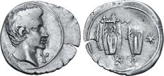 Roman Provincial Augustus AR Drachm of Kragos, Lycia. 27-20 BC. Bare head to right; Λ-Υ across fields / Two citharas; branch in left field, star in right field, KP in exergue. RPC I 3309; Troxell 113;